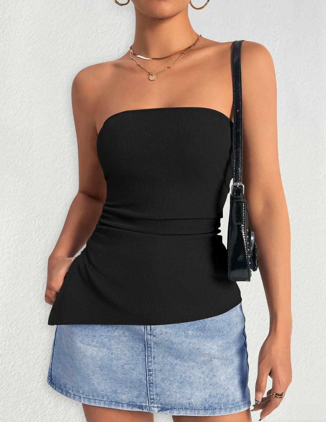 imageZESICA Womens Tube Top 2025 Summer Going Out Strapless Backless Ruched Trendy Tops Asymmetrical Bandeau OutfitsBlack