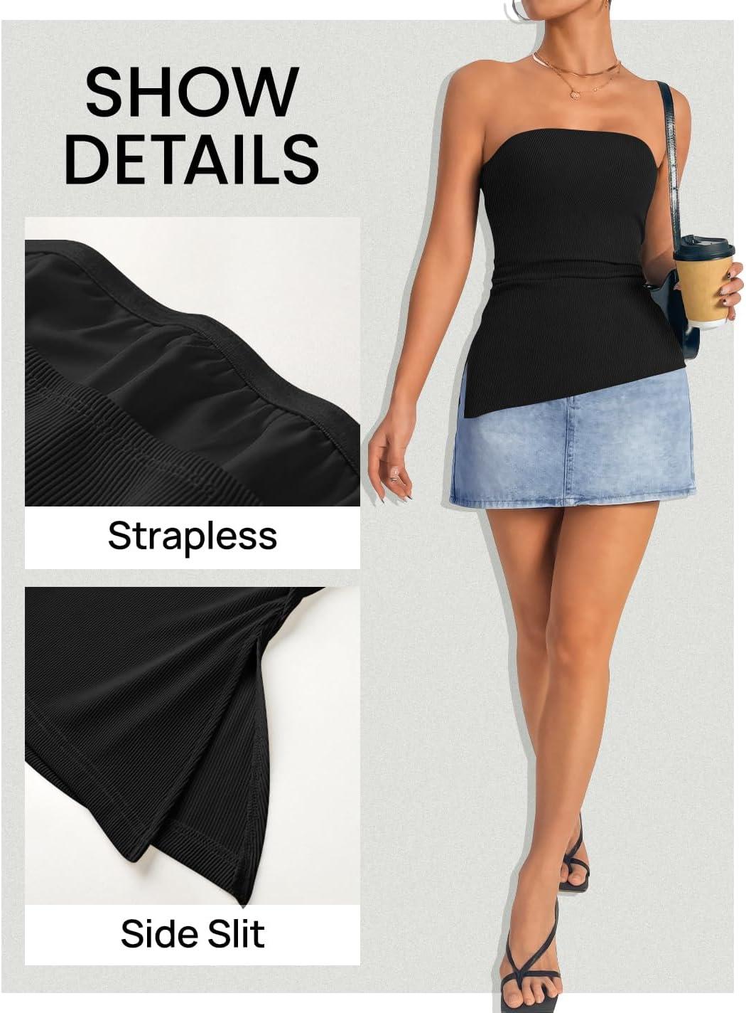imageZESICA Womens Tube Top 2025 Summer Going Out Strapless Backless Ruched Trendy Tops Asymmetrical Bandeau OutfitsBlack