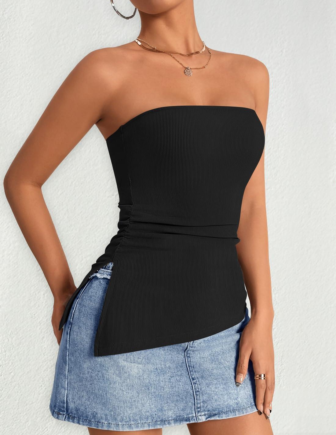 imageZESICA Womens Tube Top 2025 Summer Going Out Strapless Backless Ruched Trendy Tops Asymmetrical Bandeau OutfitsBlack