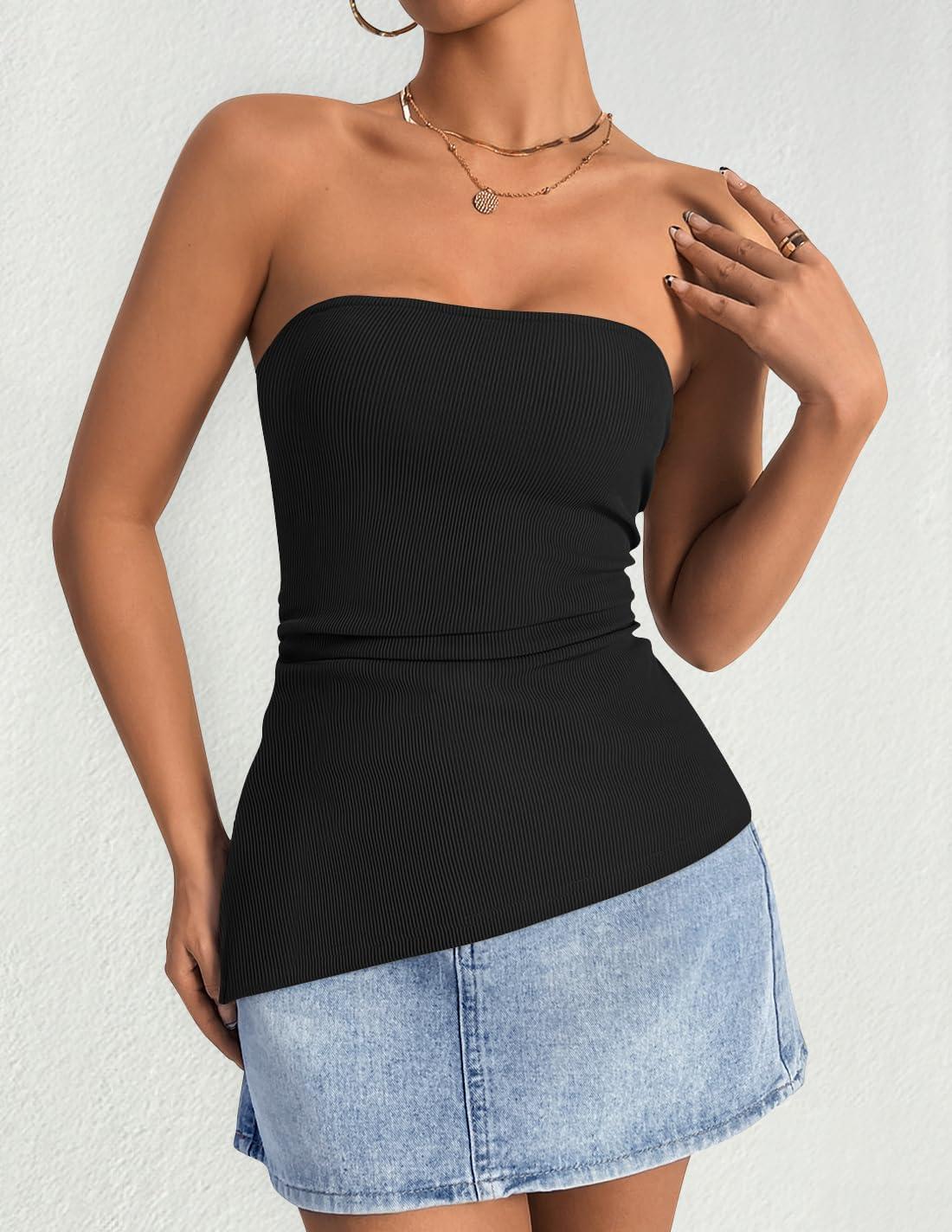 imageZESICA Womens Tube Top 2025 Summer Going Out Strapless Backless Ruched Trendy Tops Asymmetrical Bandeau OutfitsBlack