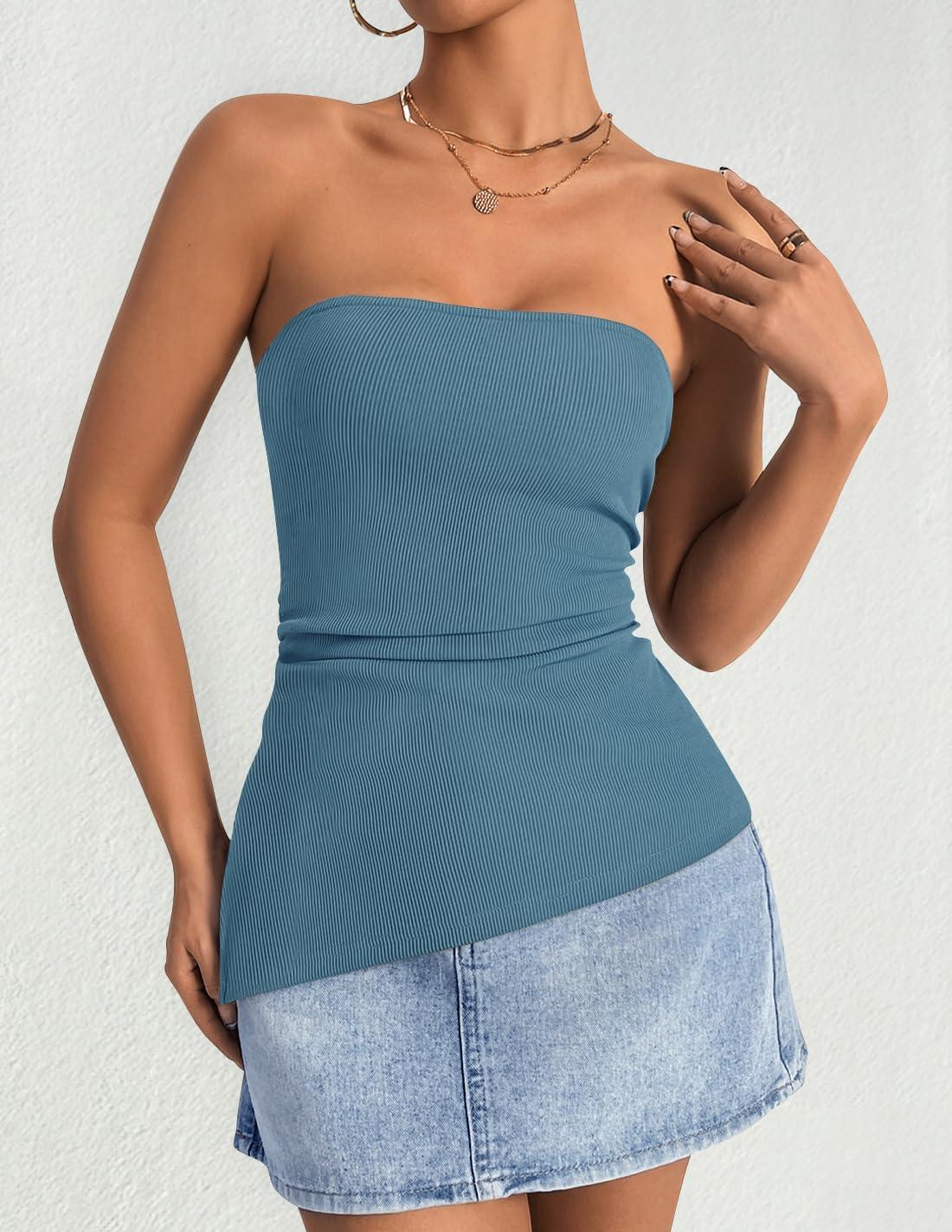 imageZESICA Womens Tube Top 2025 Summer Going Out Strapless Backless Ruched Trendy Tops Asymmetrical Bandeau OutfitsDustyblue