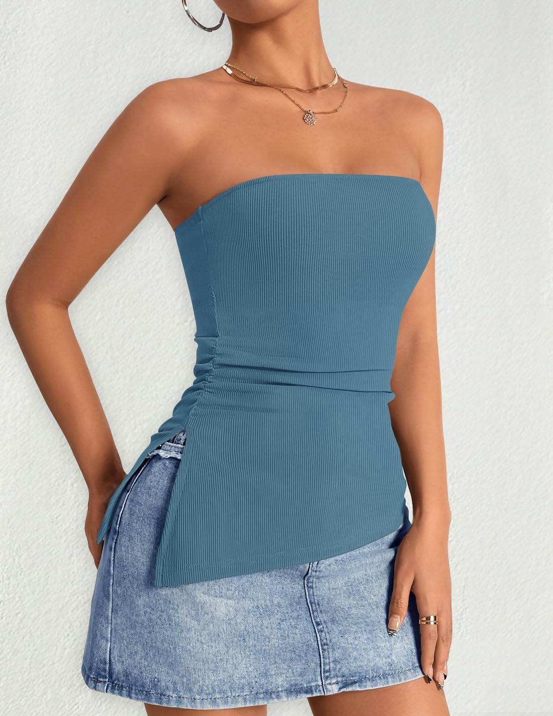 imageZESICA Womens Tube Top 2025 Summer Going Out Strapless Backless Ruched Trendy Tops Asymmetrical Bandeau OutfitsDustyblue