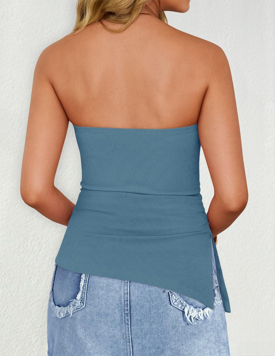 imageZESICA Womens Tube Top 2025 Summer Going Out Strapless Backless Ruched Trendy Tops Asymmetrical Bandeau OutfitsDustyblue