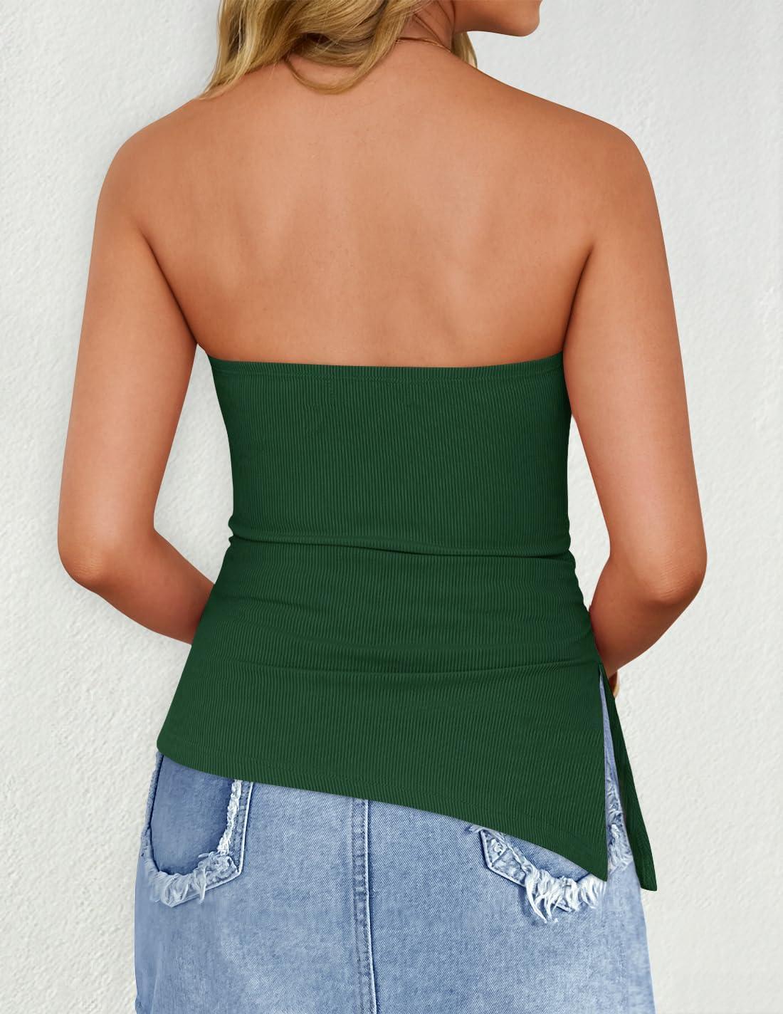 imageZESICA Womens Tube Top 2025 Summer Going Out Strapless Backless Ruched Trendy Tops Asymmetrical Bandeau OutfitsForestgreen