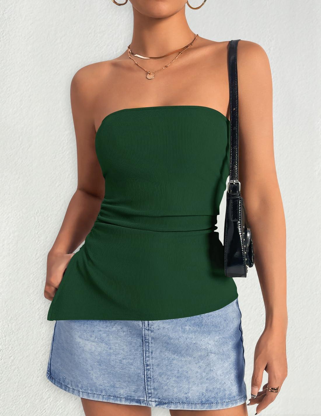 imageZESICA Womens Tube Top 2025 Summer Going Out Strapless Backless Ruched Trendy Tops Asymmetrical Bandeau OutfitsForestgreen