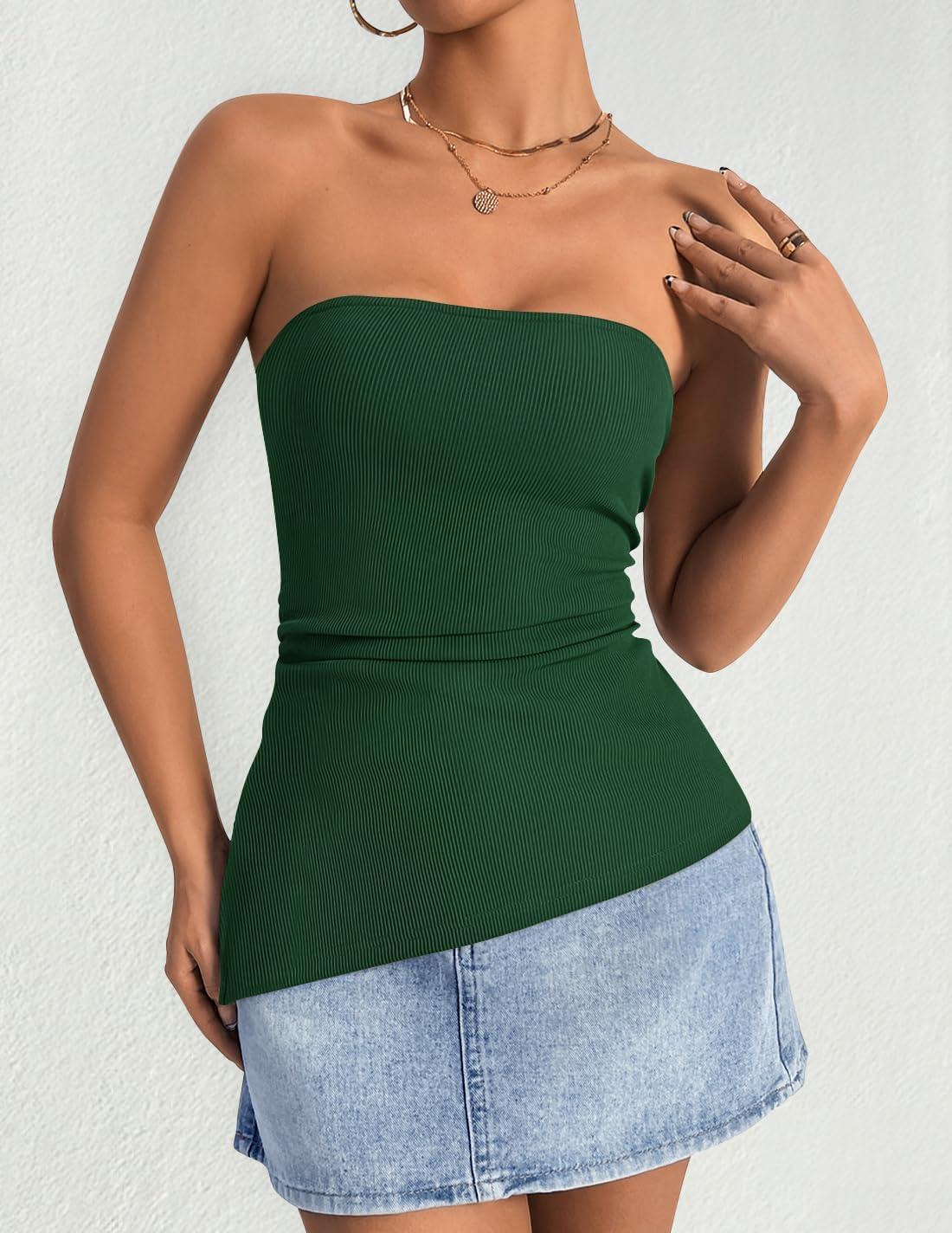 imageZESICA Womens Tube Top 2025 Summer Going Out Strapless Backless Ruched Trendy Tops Asymmetrical Bandeau OutfitsForestgreen