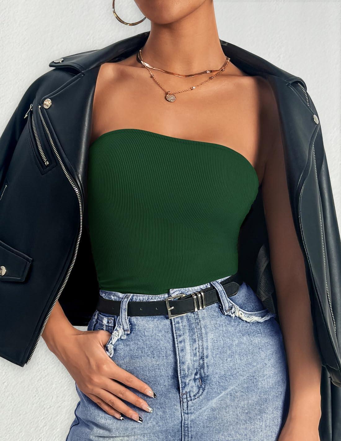 imageZESICA Womens Tube Top 2025 Summer Going Out Strapless Backless Ruched Trendy Tops Asymmetrical Bandeau OutfitsForestgreen