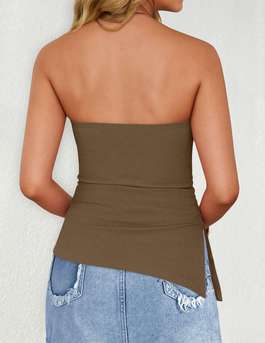 imageZESICA Womens Tube Top 2025 Summer Going Out Strapless Backless Ruched Trendy Tops Asymmetrical Bandeau OutfitsMocha