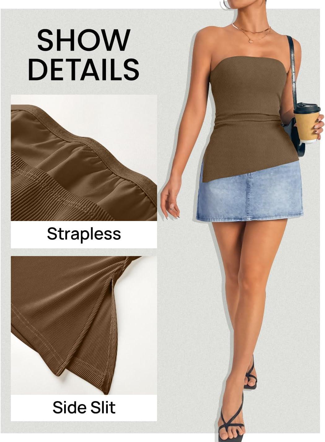 imageZESICA Womens Tube Top 2025 Summer Going Out Strapless Backless Ruched Trendy Tops Asymmetrical Bandeau OutfitsMocha