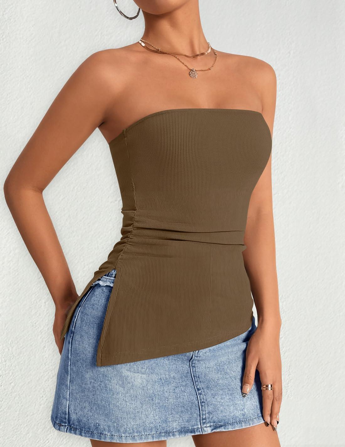 imageZESICA Womens Tube Top 2025 Summer Going Out Strapless Backless Ruched Trendy Tops Asymmetrical Bandeau OutfitsMocha