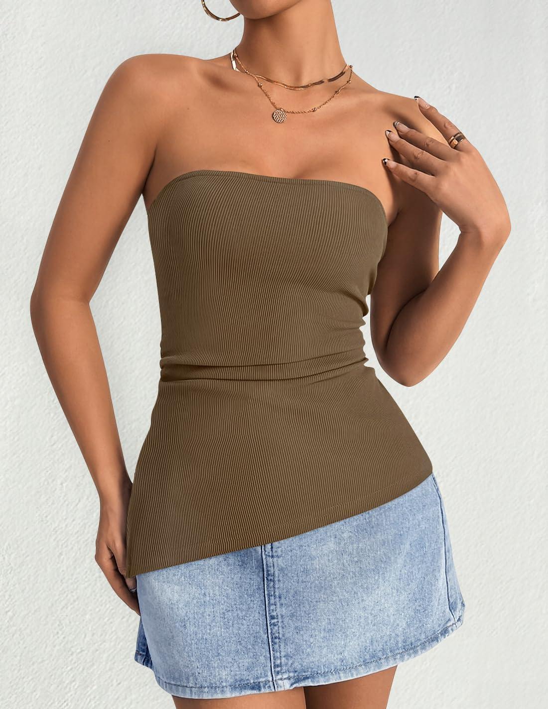 imageZESICA Womens Tube Top 2025 Summer Going Out Strapless Backless Ruched Trendy Tops Asymmetrical Bandeau OutfitsMocha