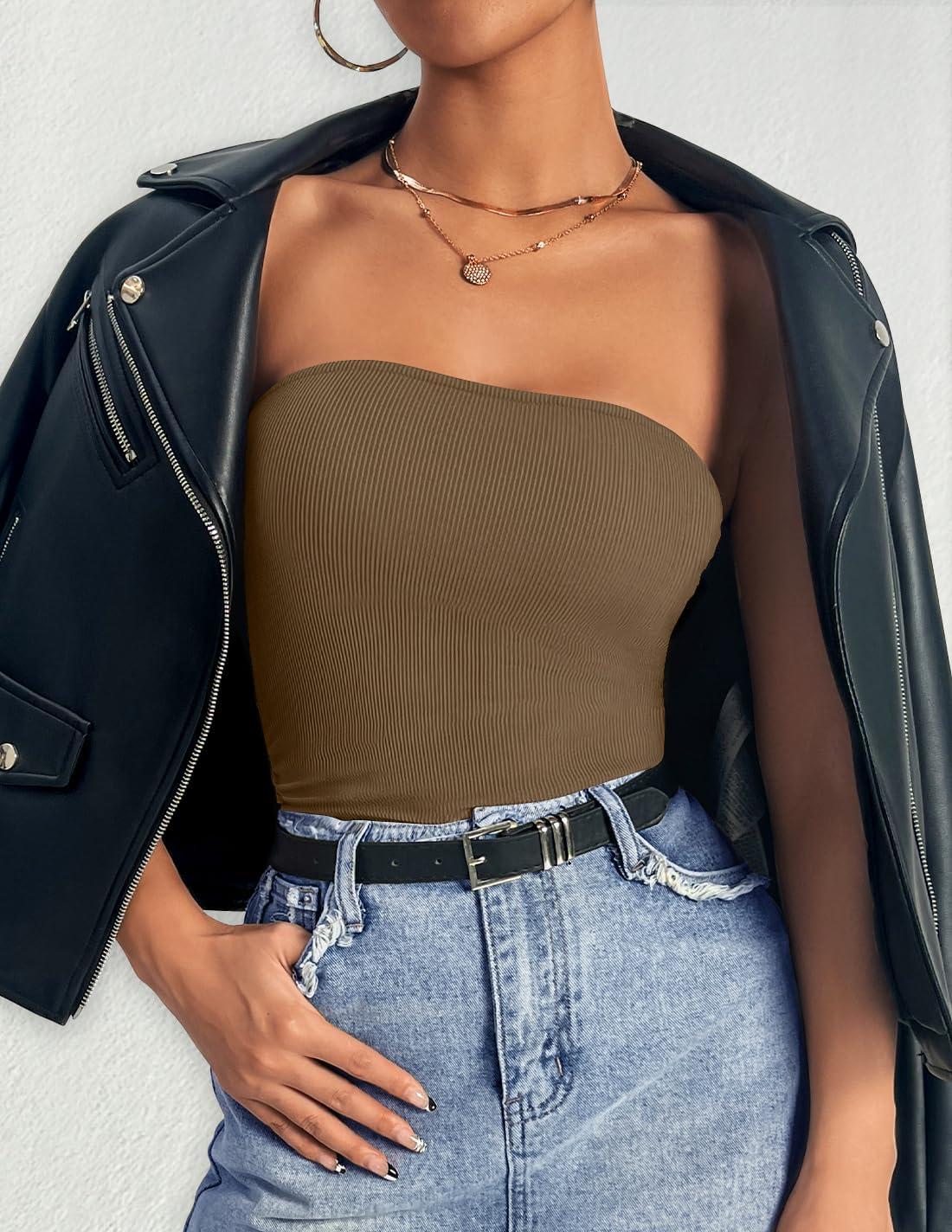 imageZESICA Womens Tube Top 2025 Summer Going Out Strapless Backless Ruched Trendy Tops Asymmetrical Bandeau OutfitsMocha
