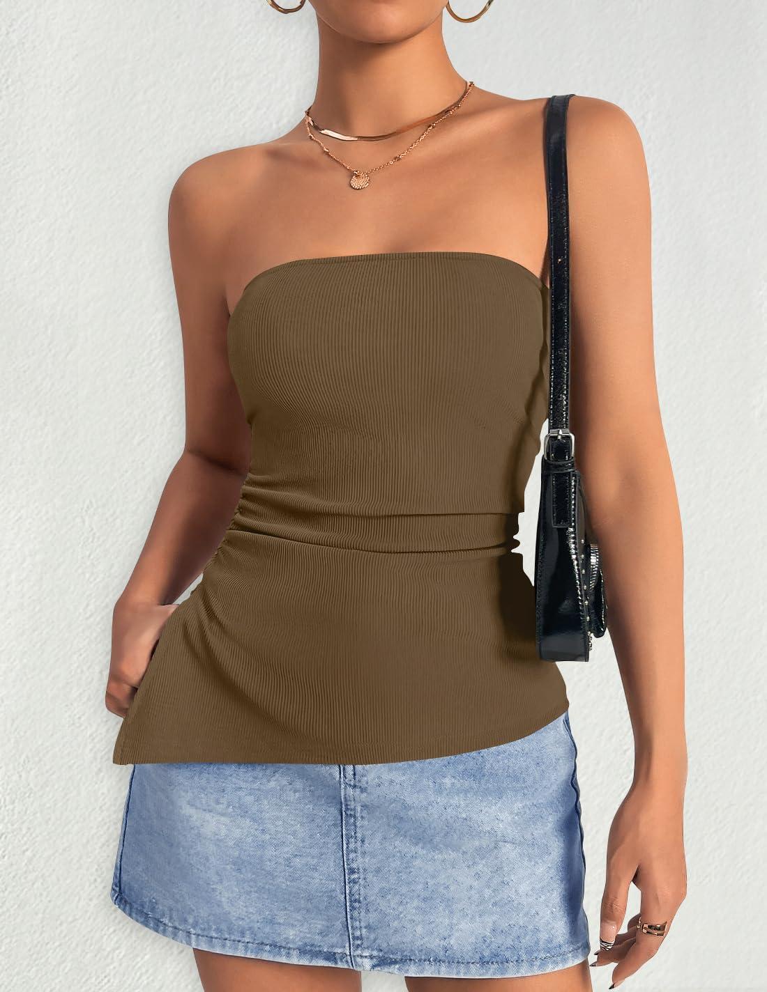 imageZESICA Womens Tube Top 2025 Summer Going Out Strapless Backless Ruched Trendy Tops Asymmetrical Bandeau OutfitsMocha