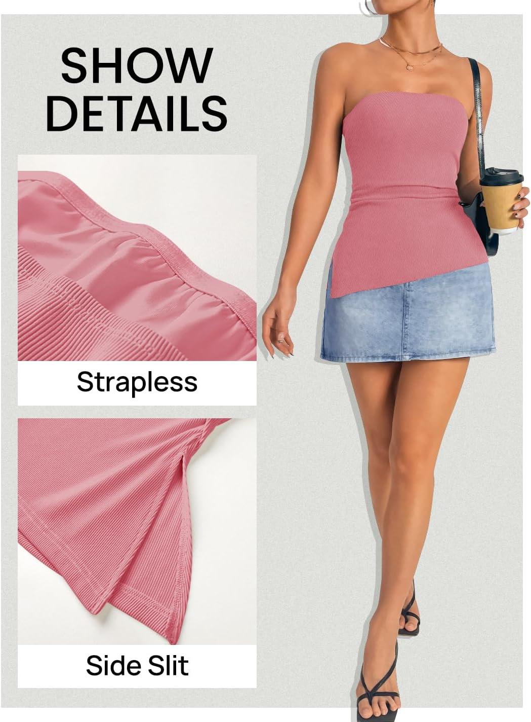 imageZESICA Womens Tube Top 2025 Summer Going Out Strapless Backless Ruched Trendy Tops Asymmetrical Bandeau OutfitsPink