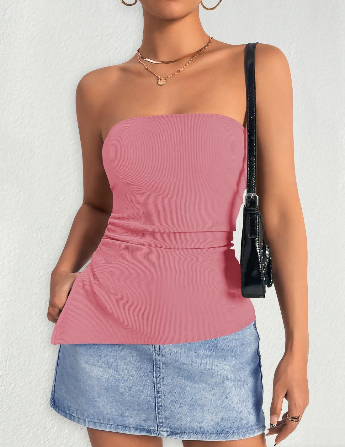 imageZESICA Womens Tube Top 2025 Summer Going Out Strapless Backless Ruched Trendy Tops Asymmetrical Bandeau OutfitsPink
