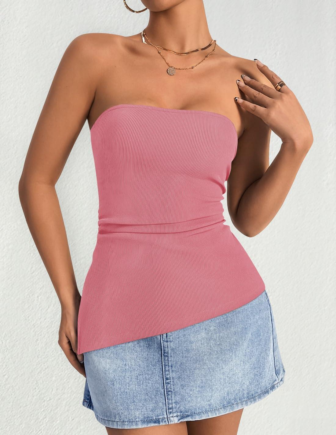 imageZESICA Womens Tube Top 2025 Summer Going Out Strapless Backless Ruched Trendy Tops Asymmetrical Bandeau OutfitsPink
