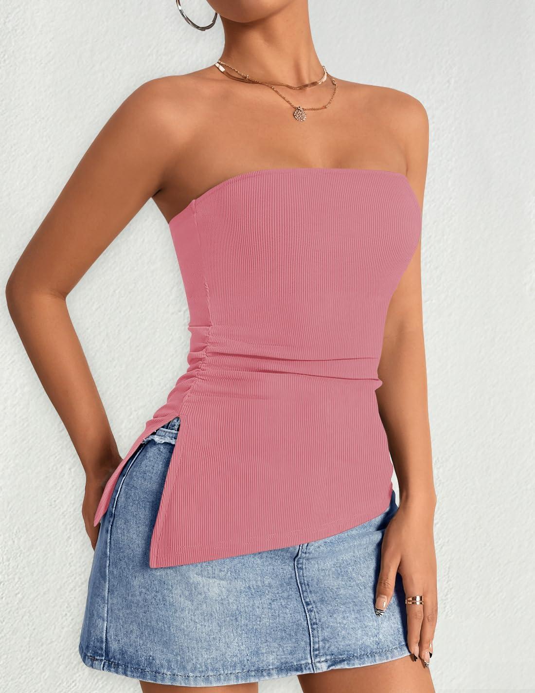 imageZESICA Womens Tube Top 2025 Summer Going Out Strapless Backless Ruched Trendy Tops Asymmetrical Bandeau OutfitsPink
