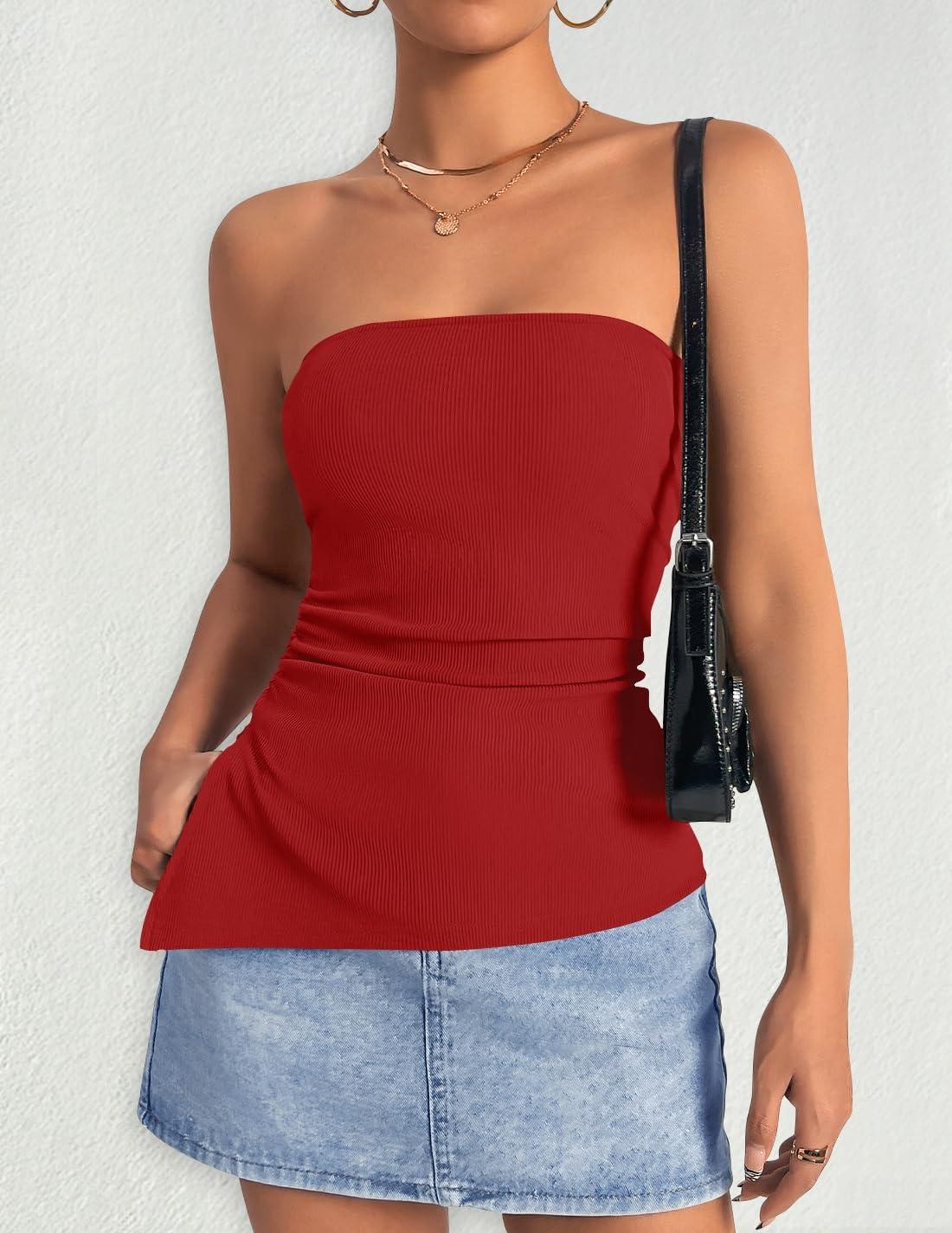 imageZESICA Womens Tube Top 2025 Summer Going Out Strapless Backless Ruched Trendy Tops Asymmetrical Bandeau OutfitsRed