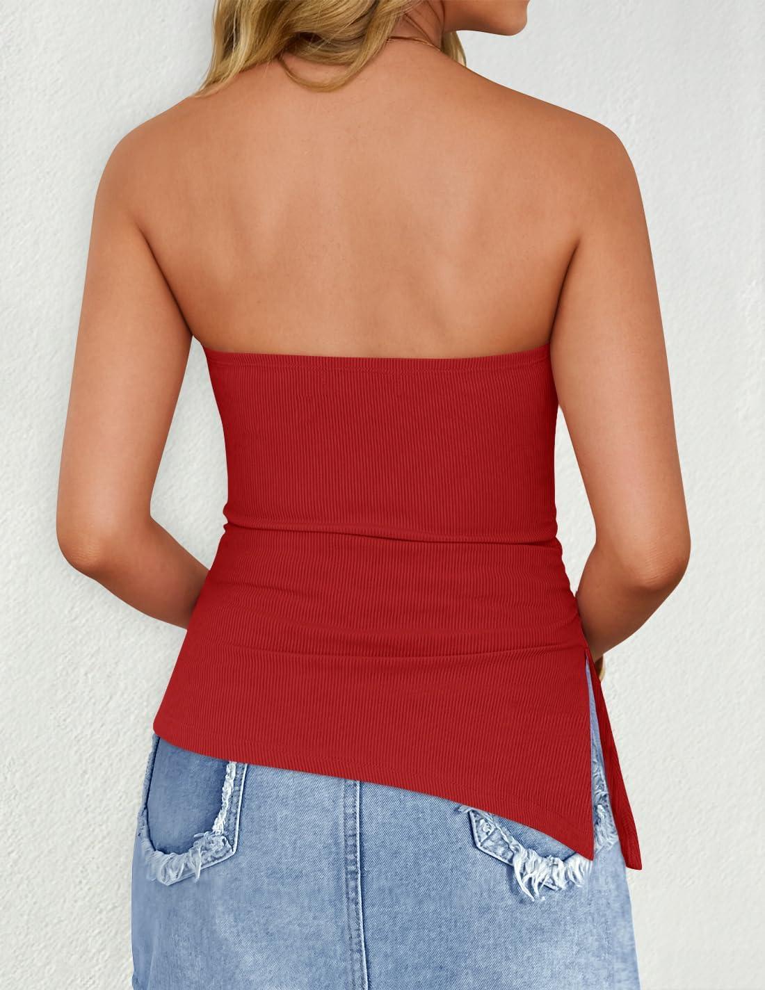 imageZESICA Womens Tube Top 2025 Summer Going Out Strapless Backless Ruched Trendy Tops Asymmetrical Bandeau OutfitsRed