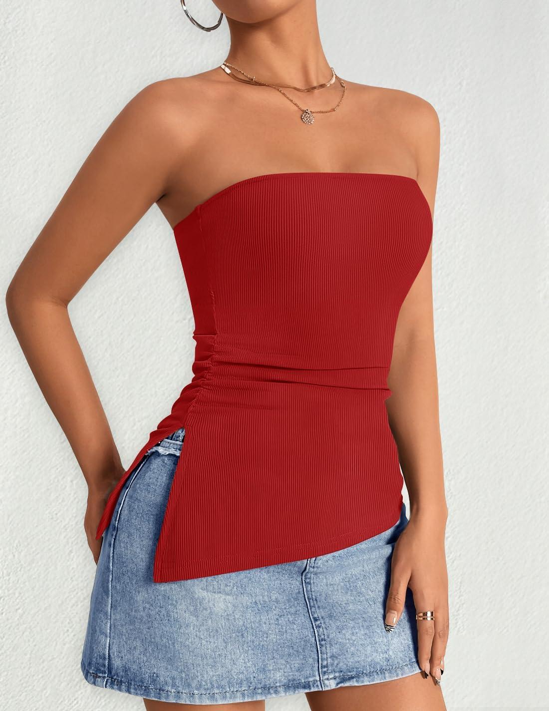 imageZESICA Womens Tube Top 2025 Summer Going Out Strapless Backless Ruched Trendy Tops Asymmetrical Bandeau OutfitsRed