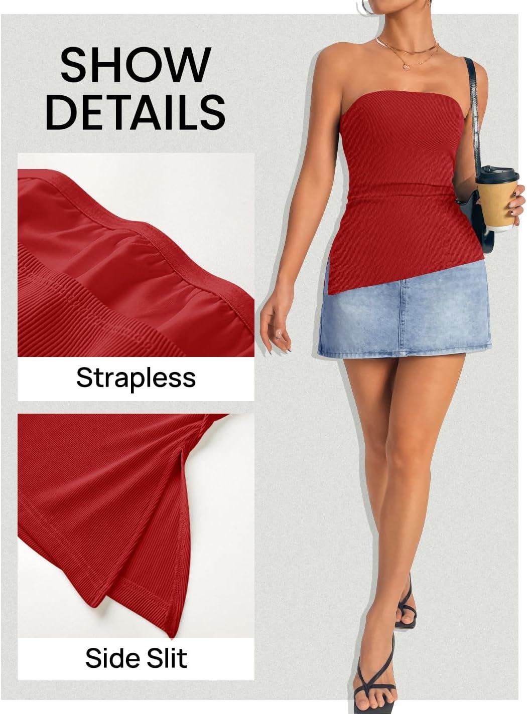 imageZESICA Womens Tube Top 2025 Summer Going Out Strapless Backless Ruched Trendy Tops Asymmetrical Bandeau OutfitsRed