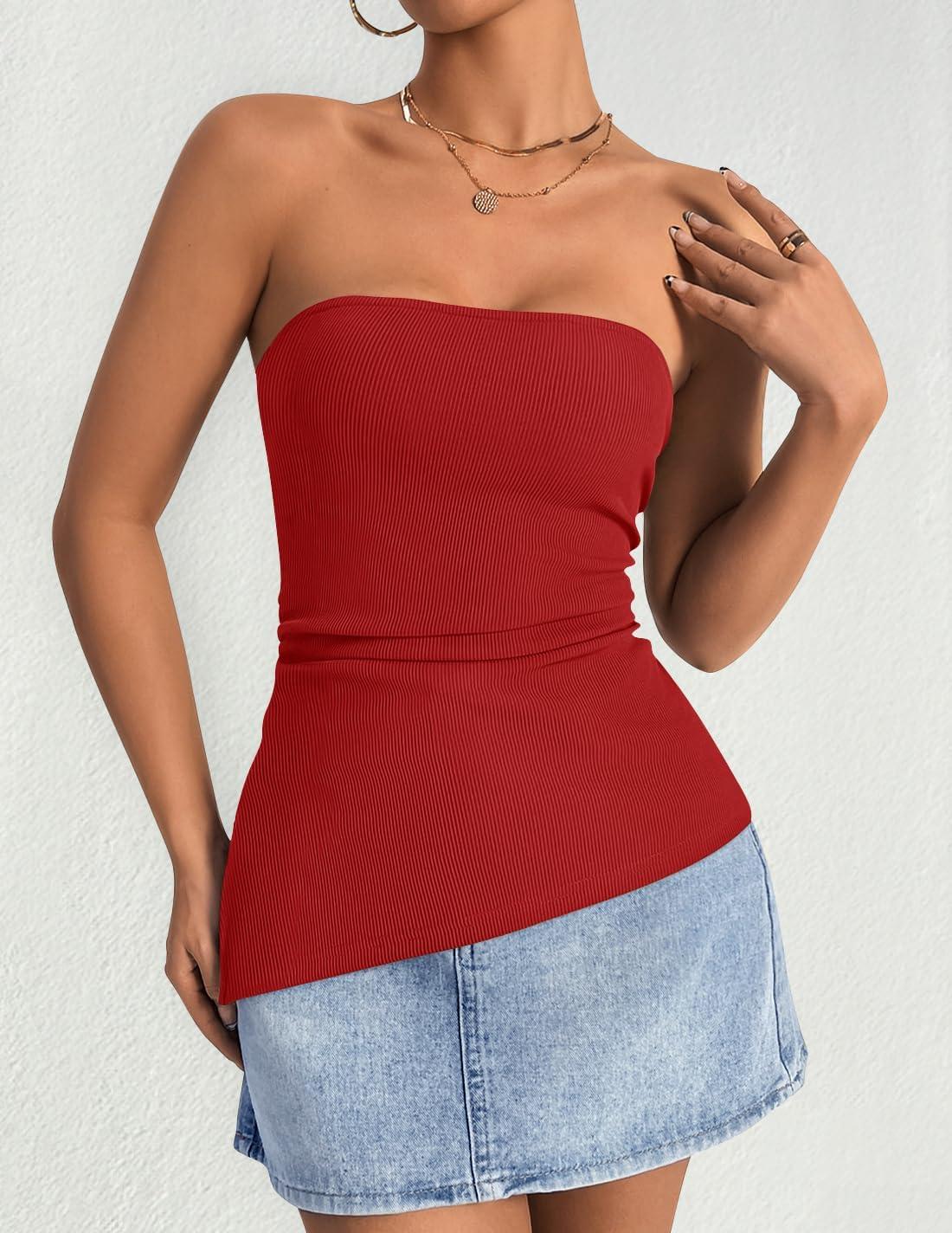 imageZESICA Womens Tube Top 2025 Summer Going Out Strapless Backless Ruched Trendy Tops Asymmetrical Bandeau OutfitsRed