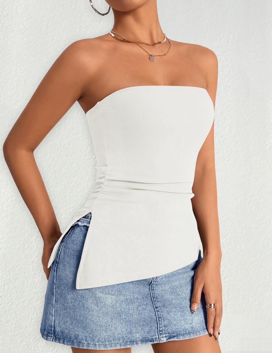 imageZESICA Womens Tube Top 2025 Summer Going Out Strapless Backless Ruched Trendy Tops Asymmetrical Bandeau OutfitsWhite