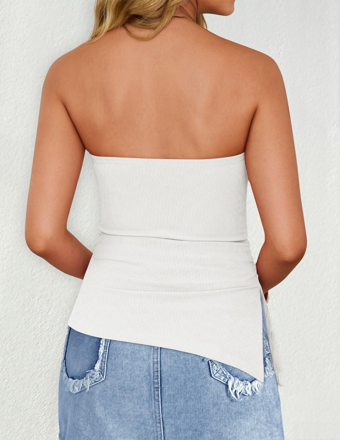 imageZESICA Womens Tube Top 2025 Summer Going Out Strapless Backless Ruched Trendy Tops Asymmetrical Bandeau OutfitsWhite