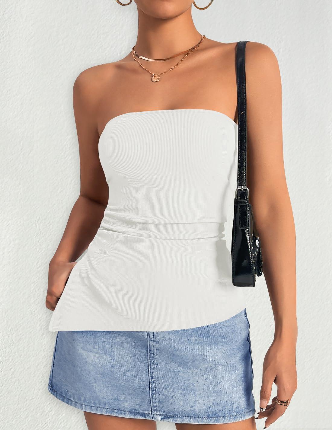 imageZESICA Womens Tube Top 2025 Summer Going Out Strapless Backless Ruched Trendy Tops Asymmetrical Bandeau OutfitsWhite