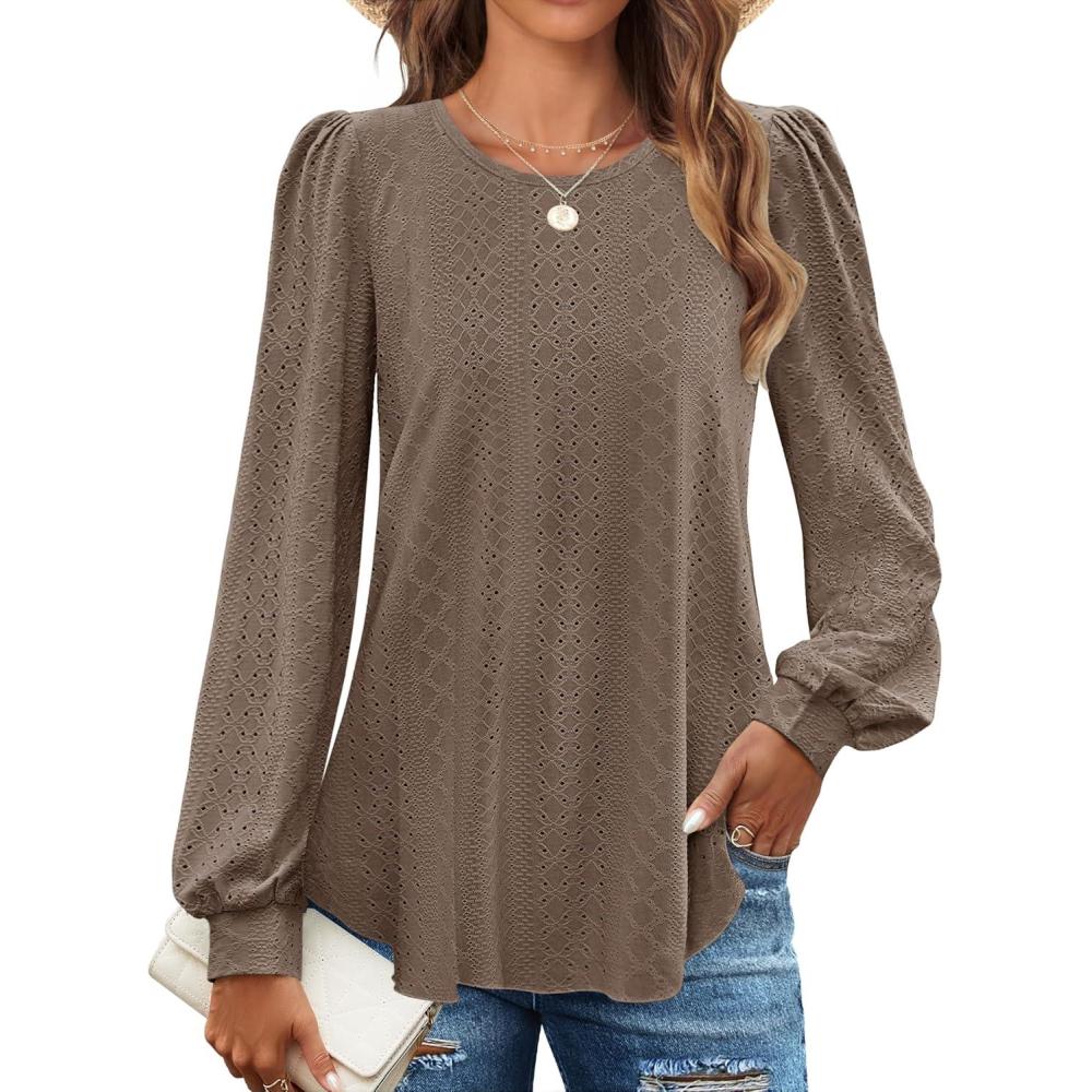 imageZESICA Long Sleeve Eyelet Tops for Womens Crew Neck Fall Shirts Casual Loose Blouses 2025 Trendy ClothesGreytaupe
