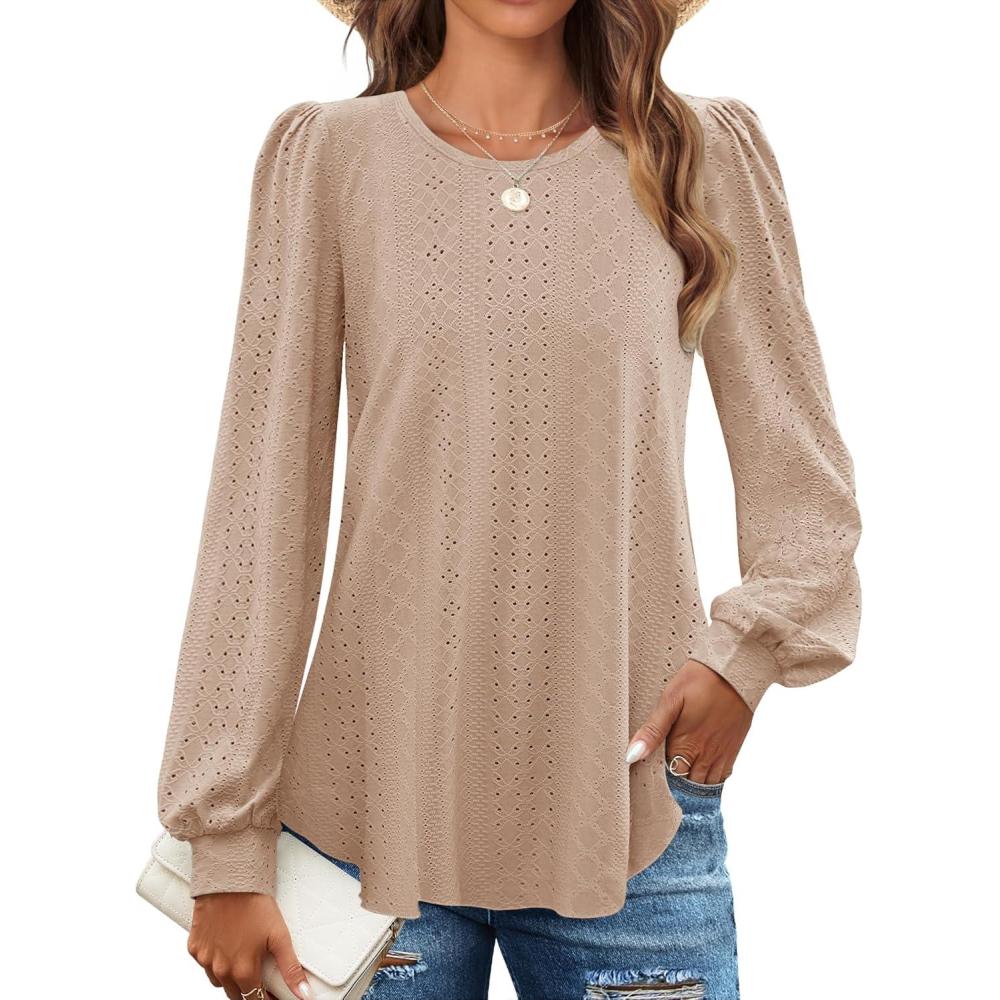 imageZESICA Long Sleeve Eyelet Tops for Womens Crew Neck Fall Shirts Casual Loose Blouses 2025 Trendy ClothesKhaki