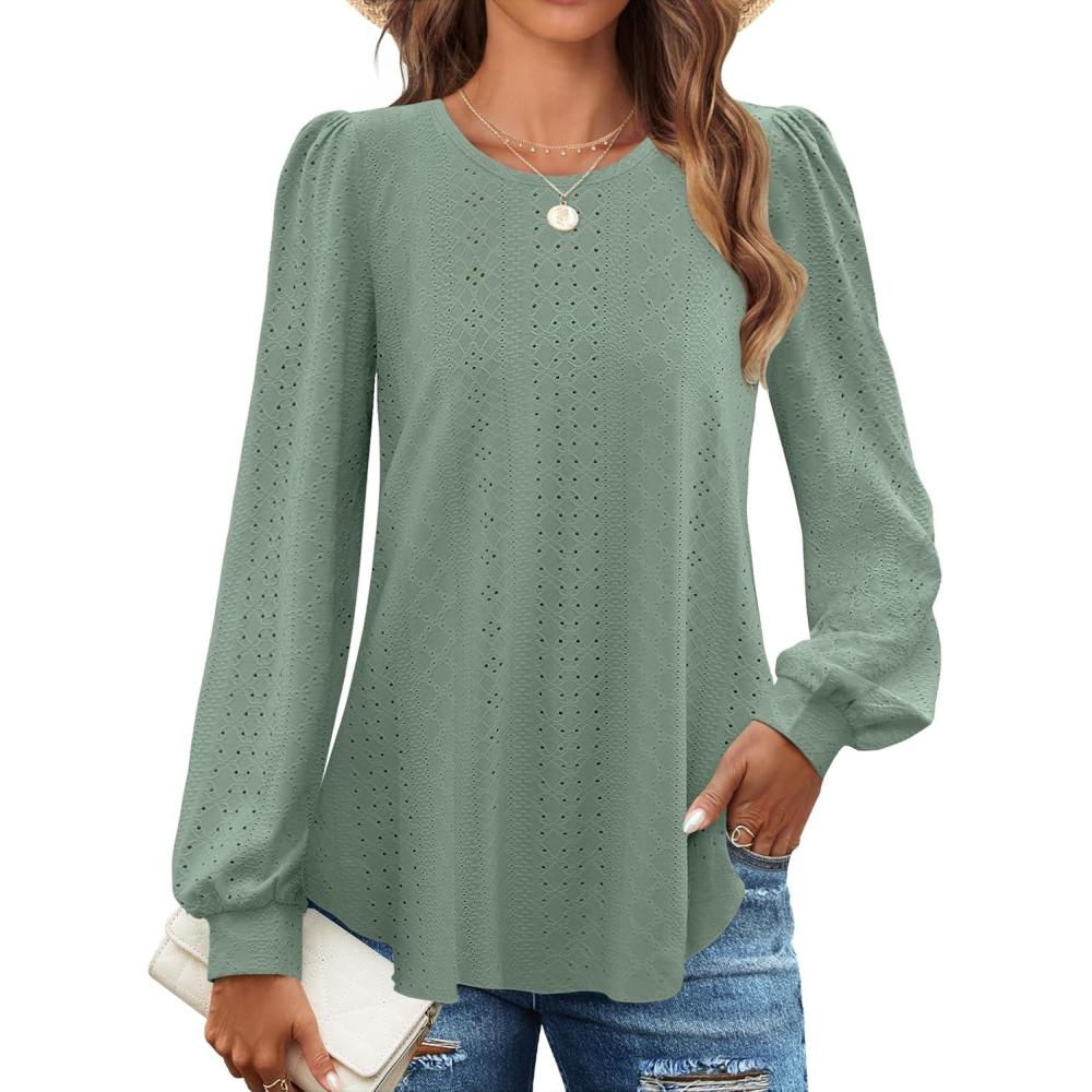 imageZESICA Long Sleeve Eyelet Tops for Womens Crew Neck Fall Shirts Casual Loose Blouses 2025 Trendy ClothesSage