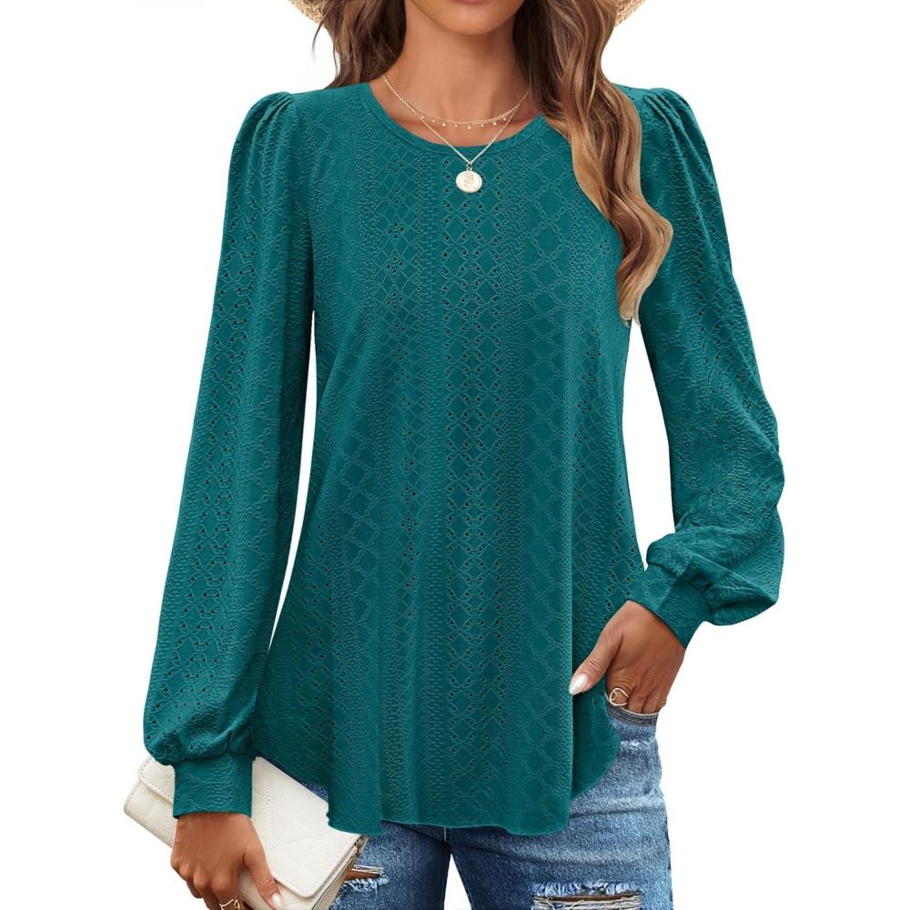 imageZESICA Long Sleeve Eyelet Tops for Womens Crew Neck Fall Shirts Casual Loose Blouses 2025 Trendy ClothesTealgreen