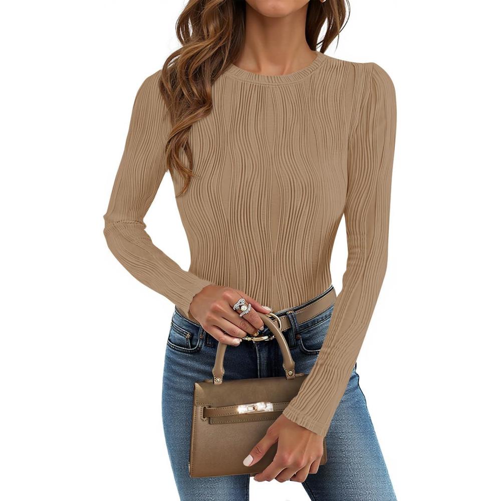 imageZESICA Long Sleeve Shirts for Women Tops 2025 Fall Fashion Trendy Slim fit Textured TshirtsKhaki