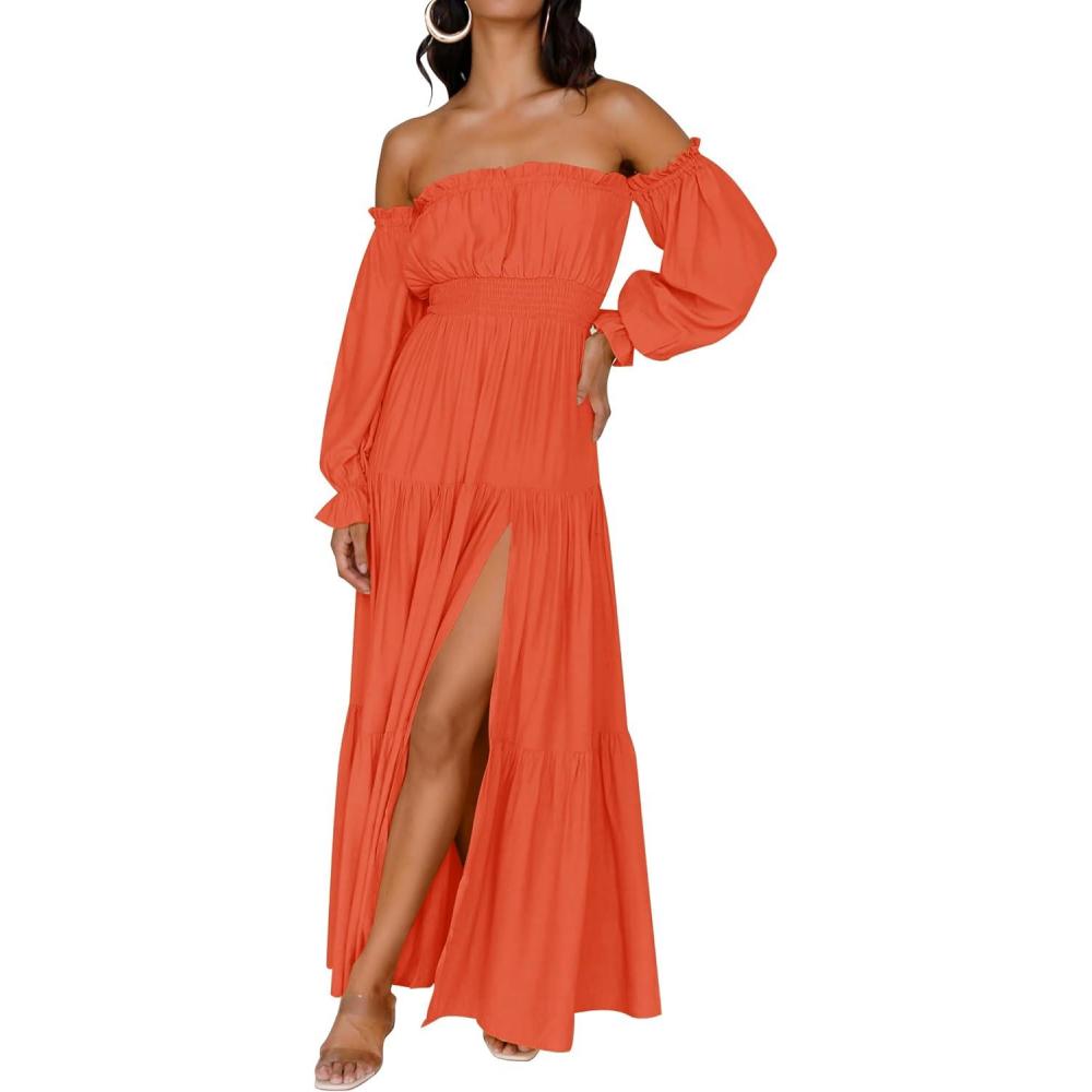 imageZESICA Womens 2025 Boho Sexy Off Shoulder Long Sleeve Smocked High Waist Side Split Flowy A Line Tiered Long Maxi DressOrange