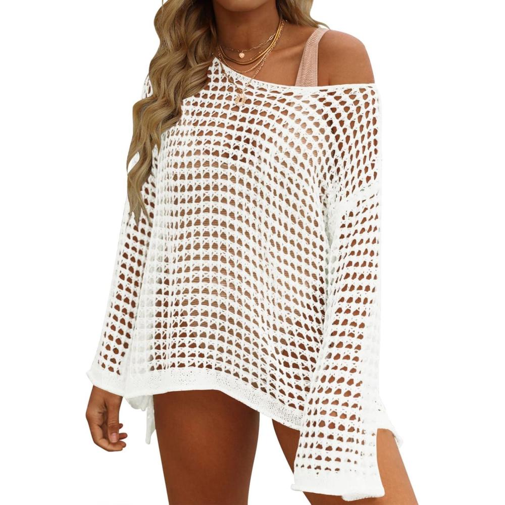 imageZESICA Womens 2025 Summer Crochet Hollow Out Long Sleeve Beach Bikini Swimsuit Mesh Cover Up Tunic TopApricot