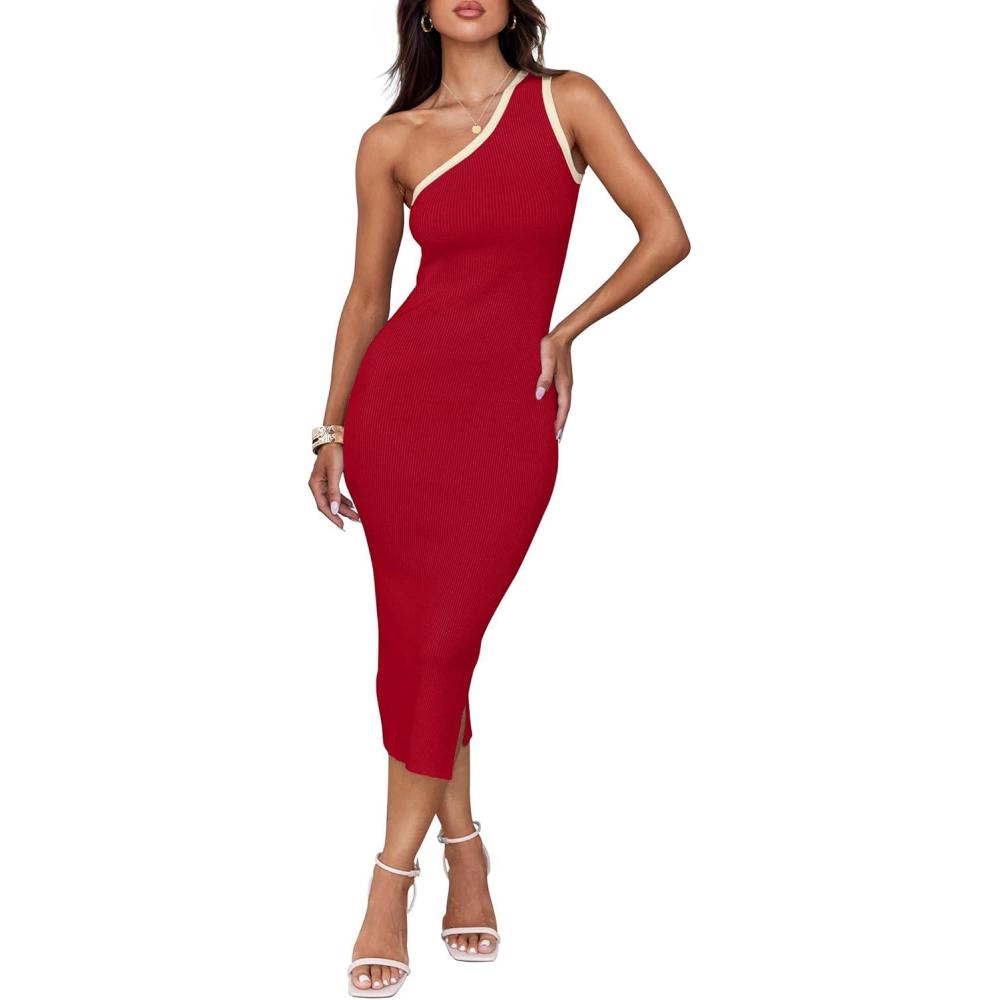 imageZESICA Womens 2025 Summer One Shoulder Bodycon Midi Dresses Casual Sleeveless Ribbed Knit Side Slit Sweater DressRed