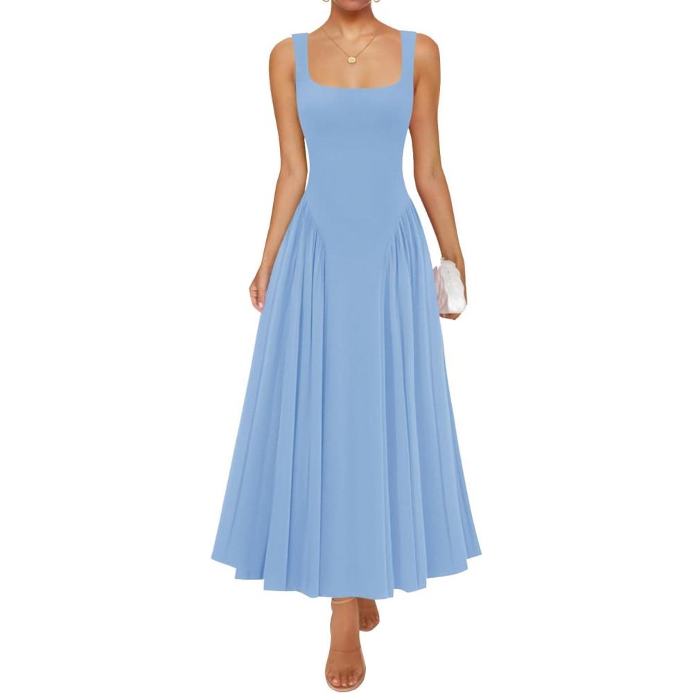 imageZESICA Womens 2025 Summer Sleeveless Square Neck Sundress Casual Long Flowy A Line Knit Dress Beach Vacation Maxi DressesBlue