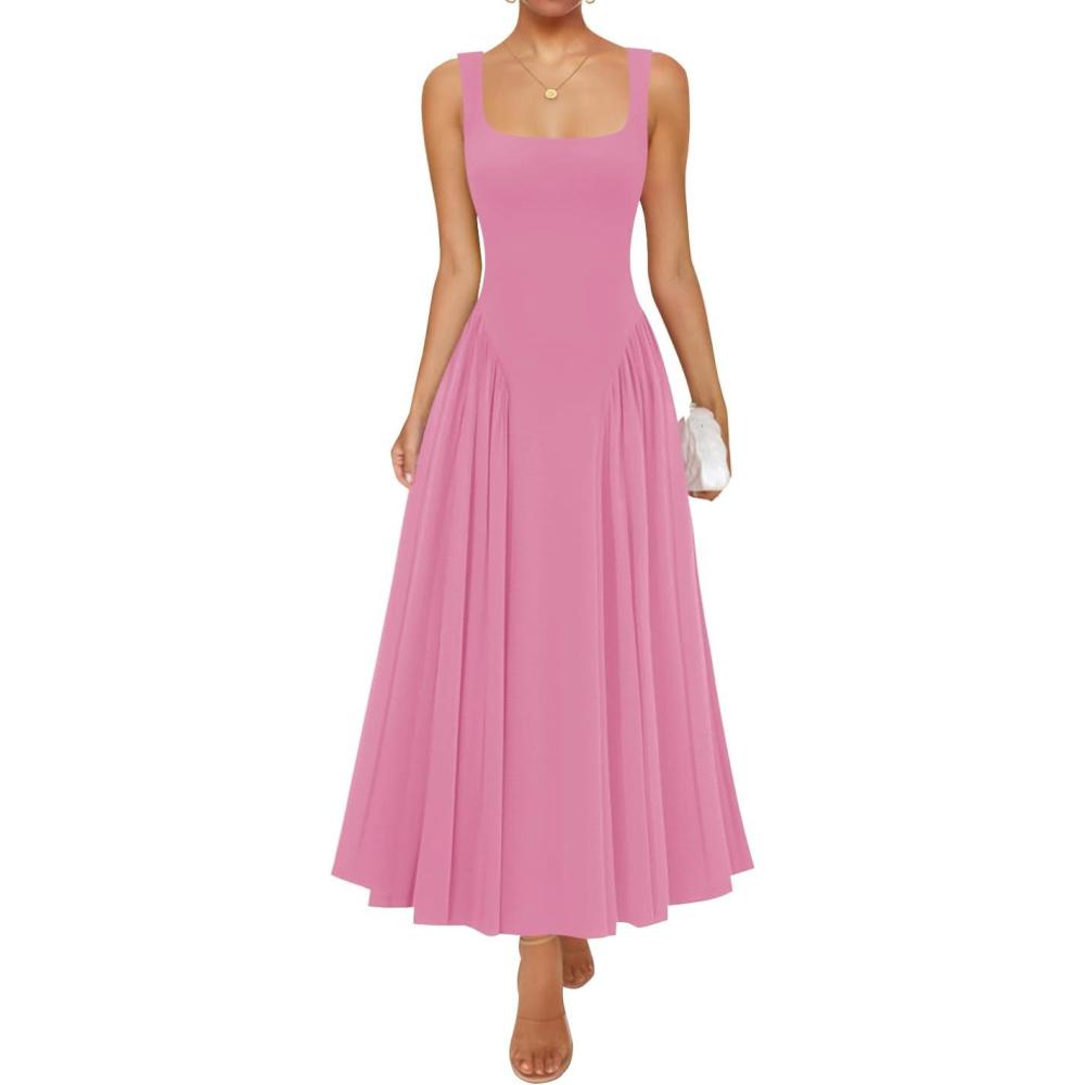 imageZESICA Womens 2025 Summer Sleeveless Square Neck Sundress Casual Long Flowy A Line Knit Dress Beach Vacation Maxi DressesPink