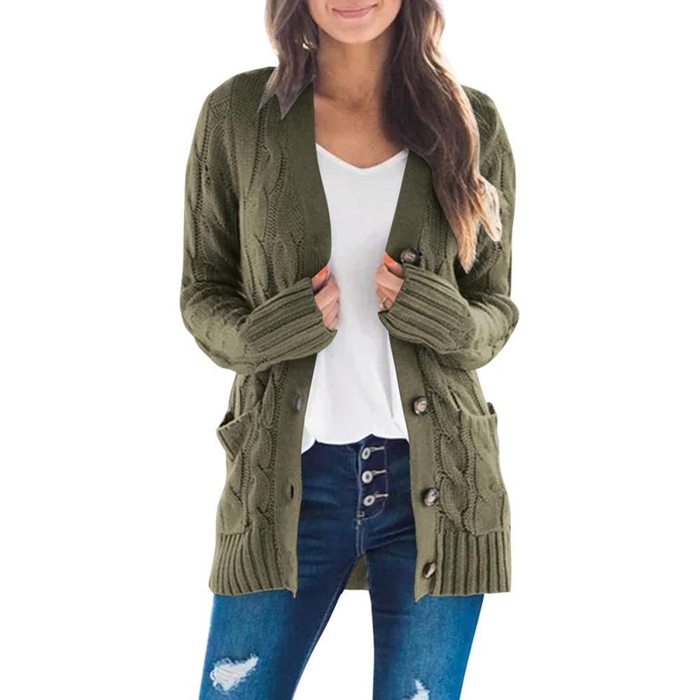imageZESICA Womens Cardigan Sweaters Fall Button Down Open Front Cable Knit Casual Trendy Winter Clothing OuterwearArmygreen