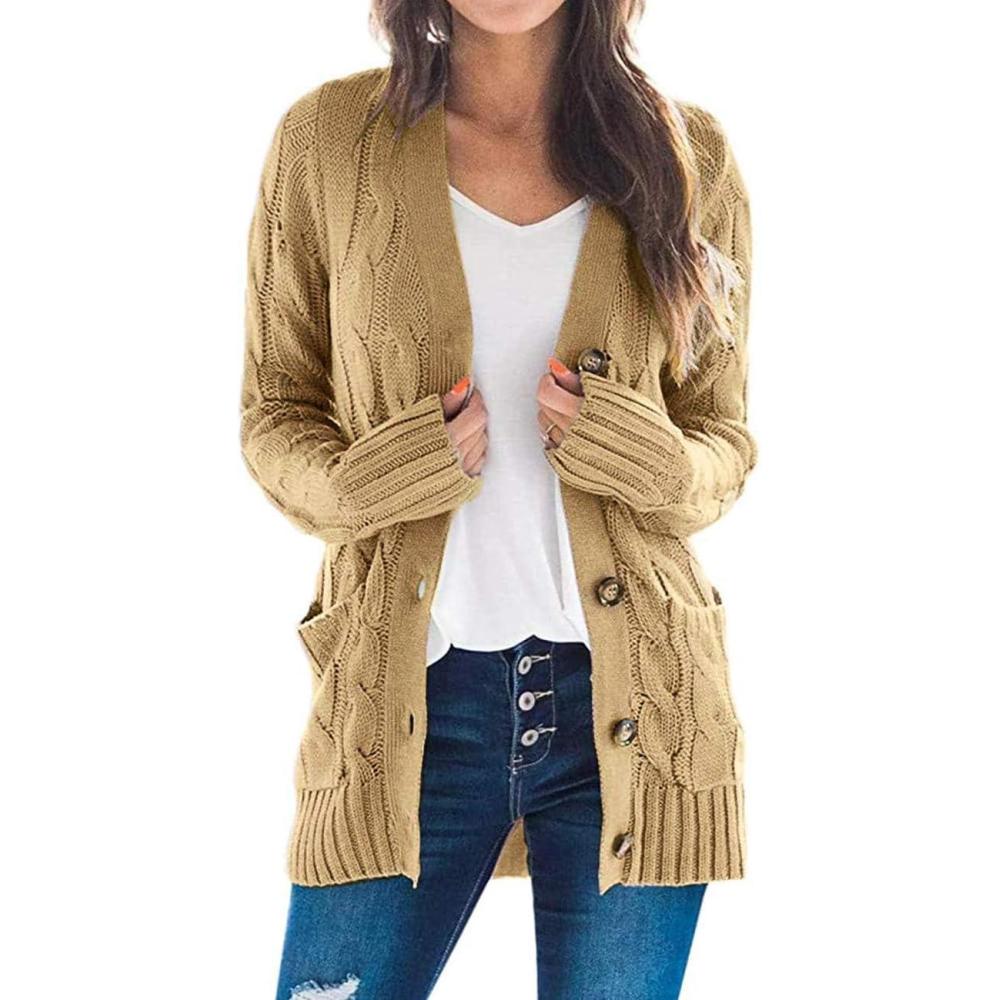 imageZESICA Womens Cardigan Sweaters Fall Button Down Open Front Cable Knit Casual Trendy Winter Clothing OuterwearKhaki