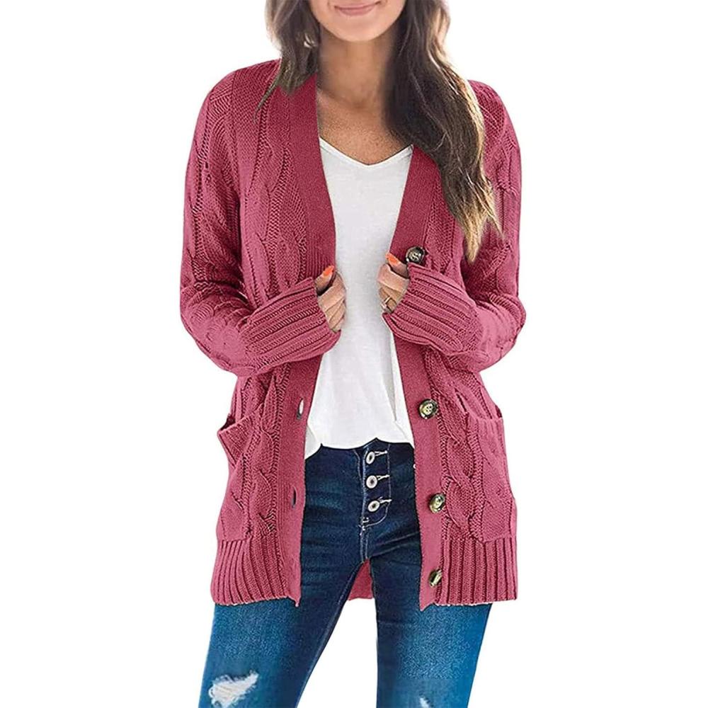 imageZESICA Womens Cardigan Sweaters Fall Button Down Open Front Cable Knit Casual Trendy Winter Clothing OuterwearMaroon