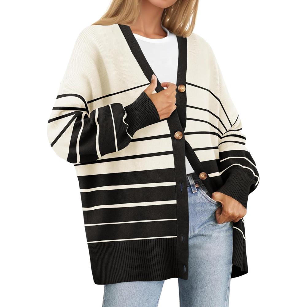 imageZESICA Womens Casual Long Sleeve Cardigan V Neck Button Down Open Front Knit Loose Oversized Sweater CoatApricot
