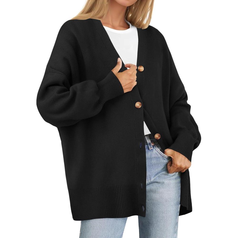 imageZESICA Womens Casual Long Sleeve Cardigan V Neck Button Down Open Front Knit Loose Oversized Sweater CoatBlack