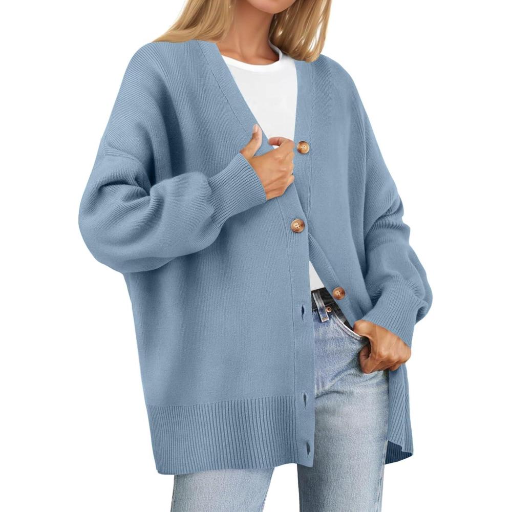 imageZESICA Womens Casual Long Sleeve Cardigan V Neck Button Down Open Front Knit Loose Oversized Sweater CoatBlue