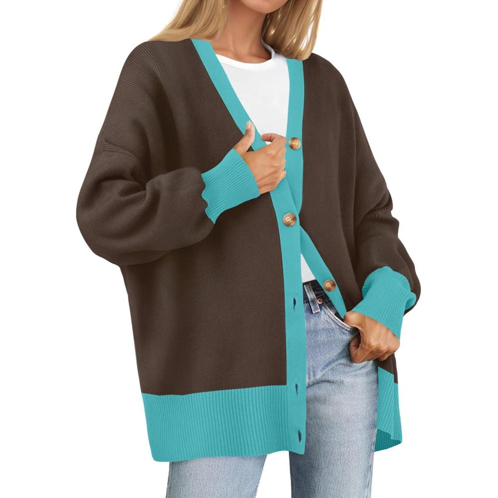 imageZESICA Womens Casual Long Sleeve Cardigan V Neck Button Down Open Front Knit Loose Oversized Sweater CoatCoffee