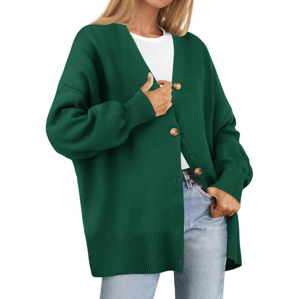 imageZESICA Womens Casual Long Sleeve Cardigan V Neck Button Down Open Front Knit Loose Oversized Sweater CoatDarkgreen