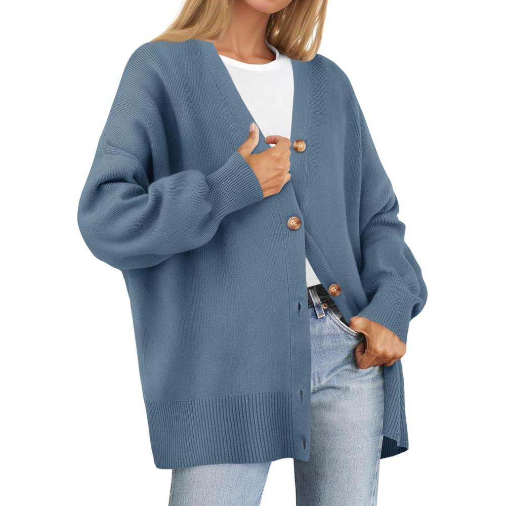 imageZESICA Womens Casual Long Sleeve Cardigan V Neck Button Down Open Front Knit Loose Oversized Sweater CoatDustyblue