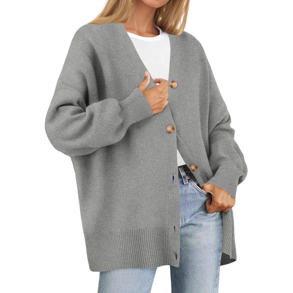 imageZESICA Womens Casual Long Sleeve Cardigan V Neck Button Down Open Front Knit Loose Oversized Sweater CoatGrey