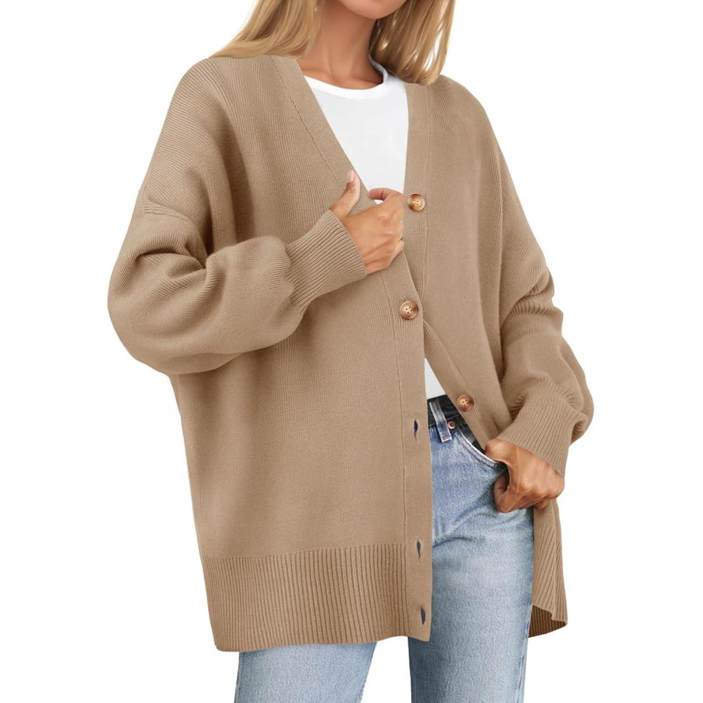 imageZESICA Womens Casual Long Sleeve Cardigan V Neck Button Down Open Front Knit Loose Oversized Sweater CoatKhaki